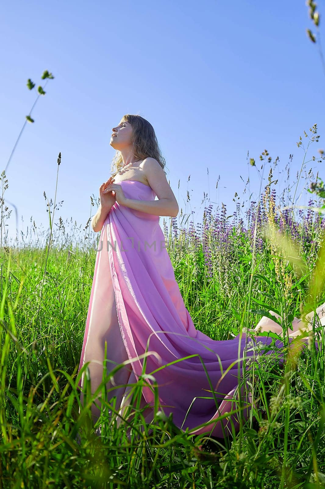 A woman is posing gracefully in a flowing pink dress amidst lush green grass and colorful flowers. The bright blue sky adds to the peaceful atmosphere of the scene.