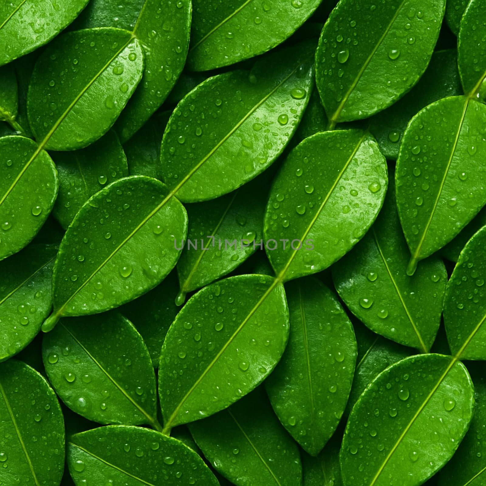 AI generated top view of kaffir lime leaves with water droplets under bright daylight showcasing freshness cleanliness and vibrant green tones perfect for culinary and natural themed visuals