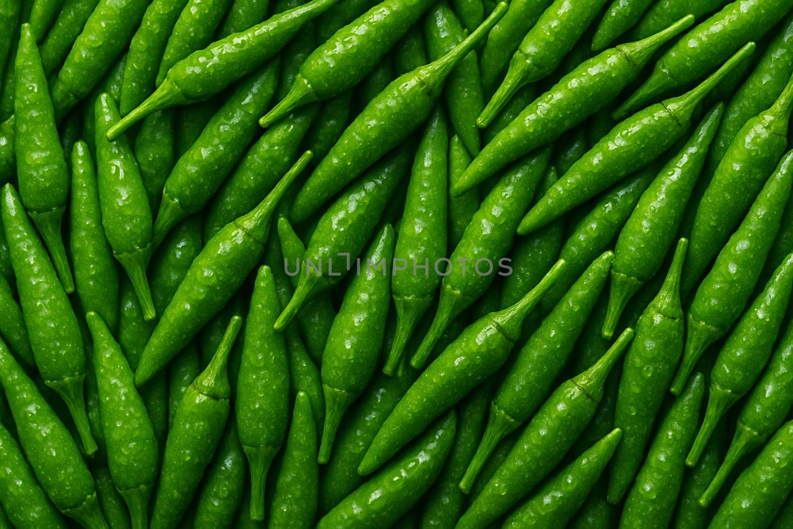 AI generated top view of fresh green chili peppers with water droplets reflecting daylight cleanliness and spiciness in a vibrant and appetizing composition for food or market visuals