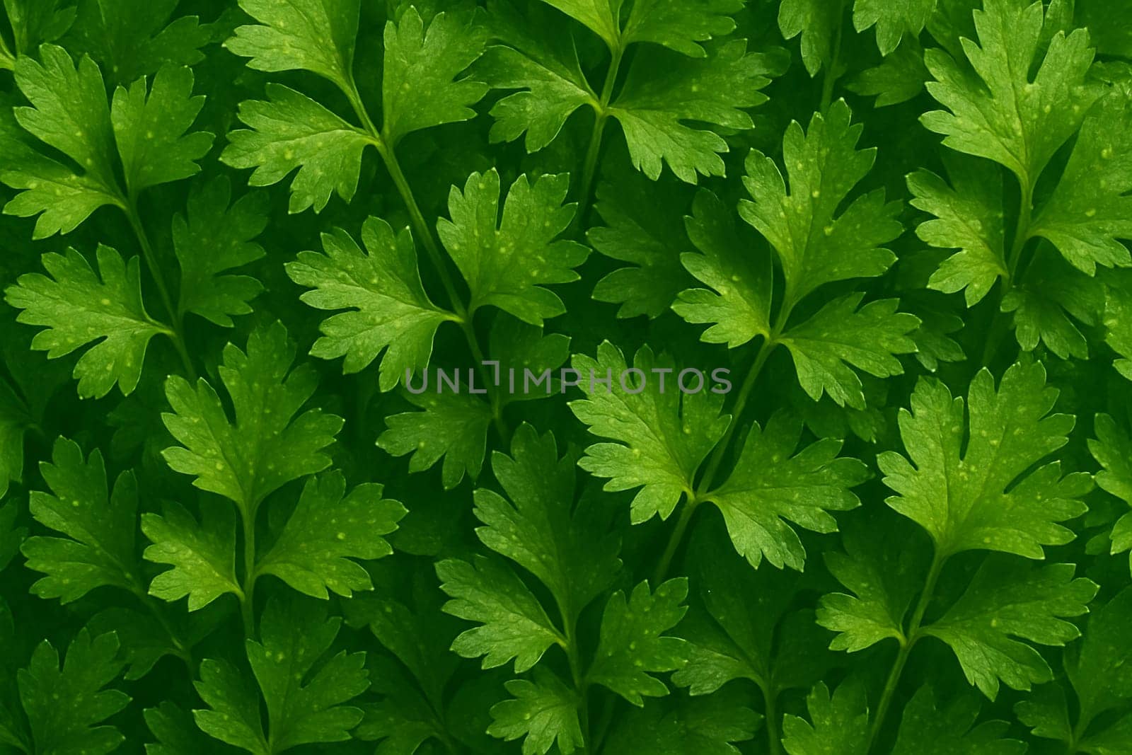 AI generated top view of fresh parsley leaves covered with water droplets under bright daylight capturing natural freshness vibrant color and clean texture ideal for culinary or health visuals
