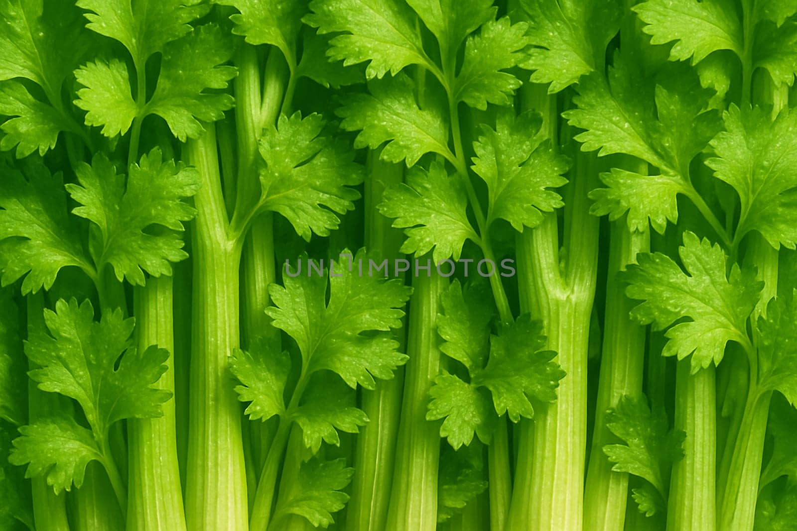 AI generated top view of fresh celery with dewdrops in bright daylight capturing crisp textures clean appearance and natural vibrance perfect for health and culinary visuals