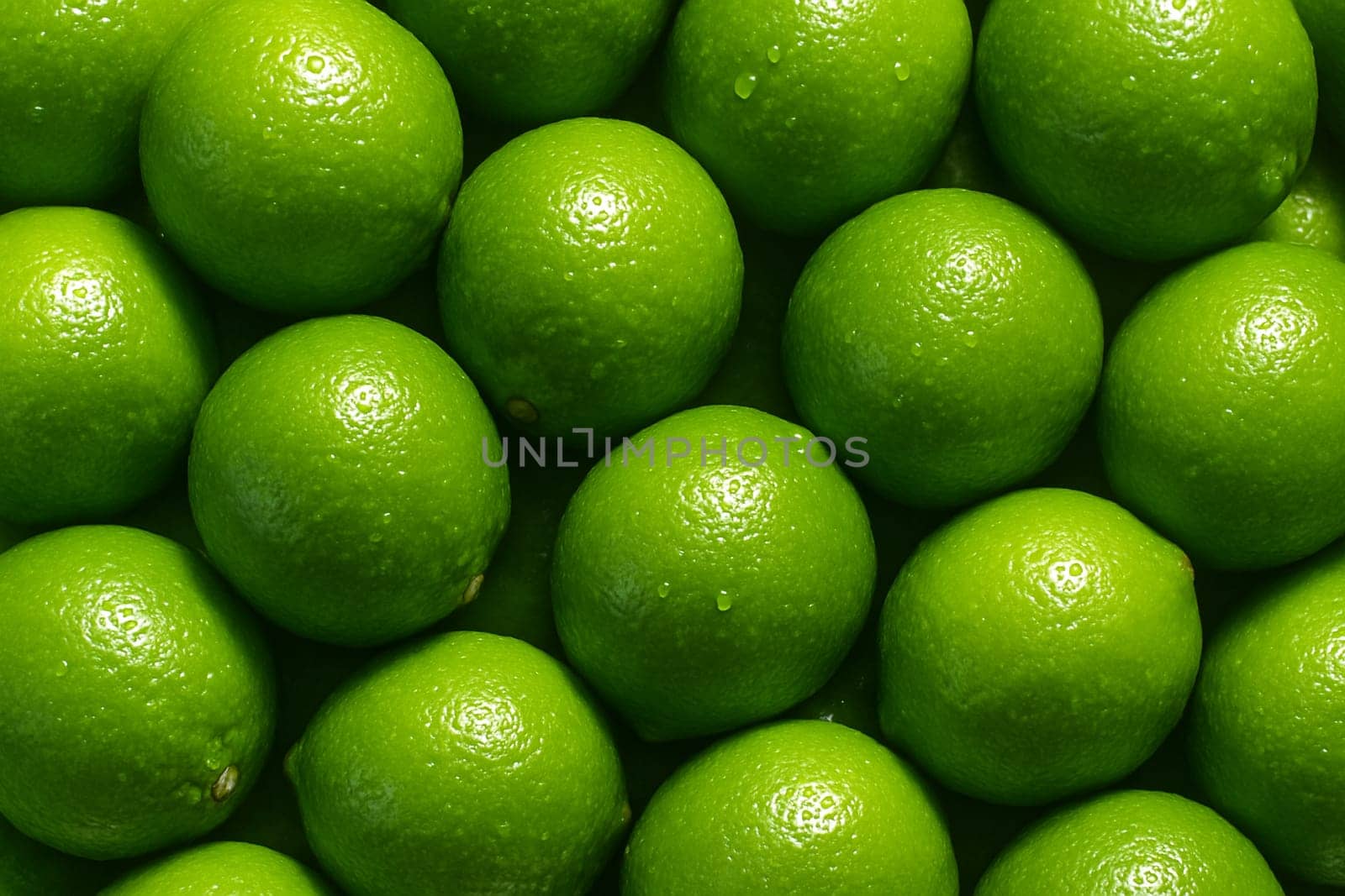 AI generated top view of fresh green limes with water droplets under bright daylight creating a clean vibrant and refreshing look ideal for food health and market related visuals