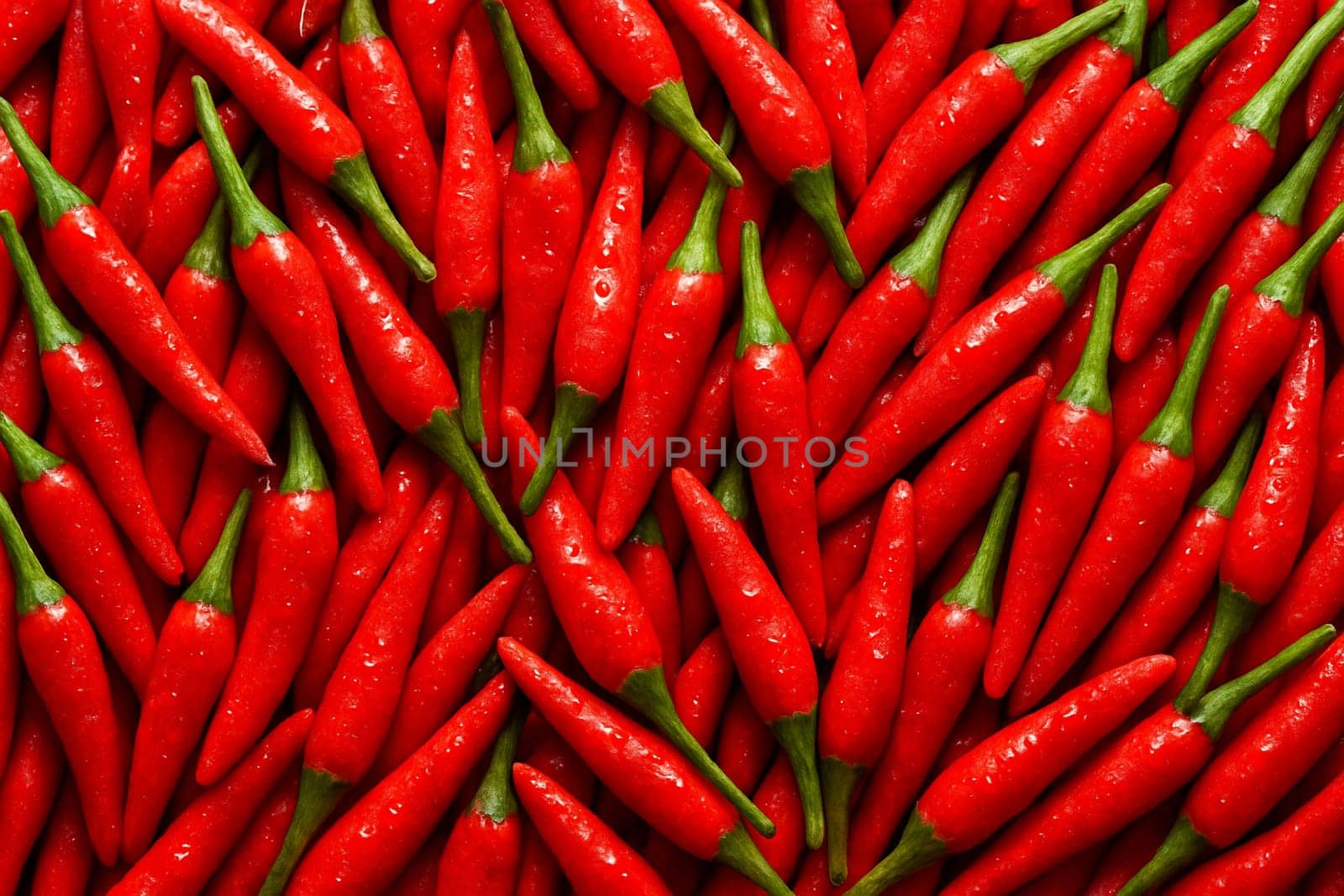 AI generated top view of vibrant red chili peppers with water droplets under daylight reflecting freshness cleanliness and spiciness in a visually appealing marketready composition