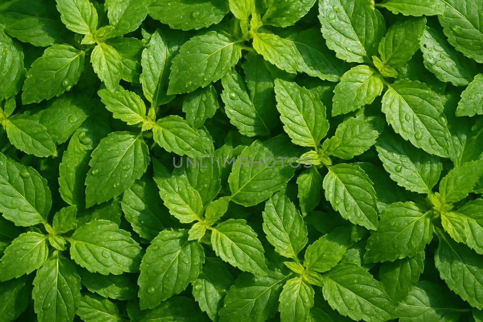 AI generated top view of fresh holy basil leaves with water droplets and daylight highlights showing clean vibrant texture for food health and nature concepts