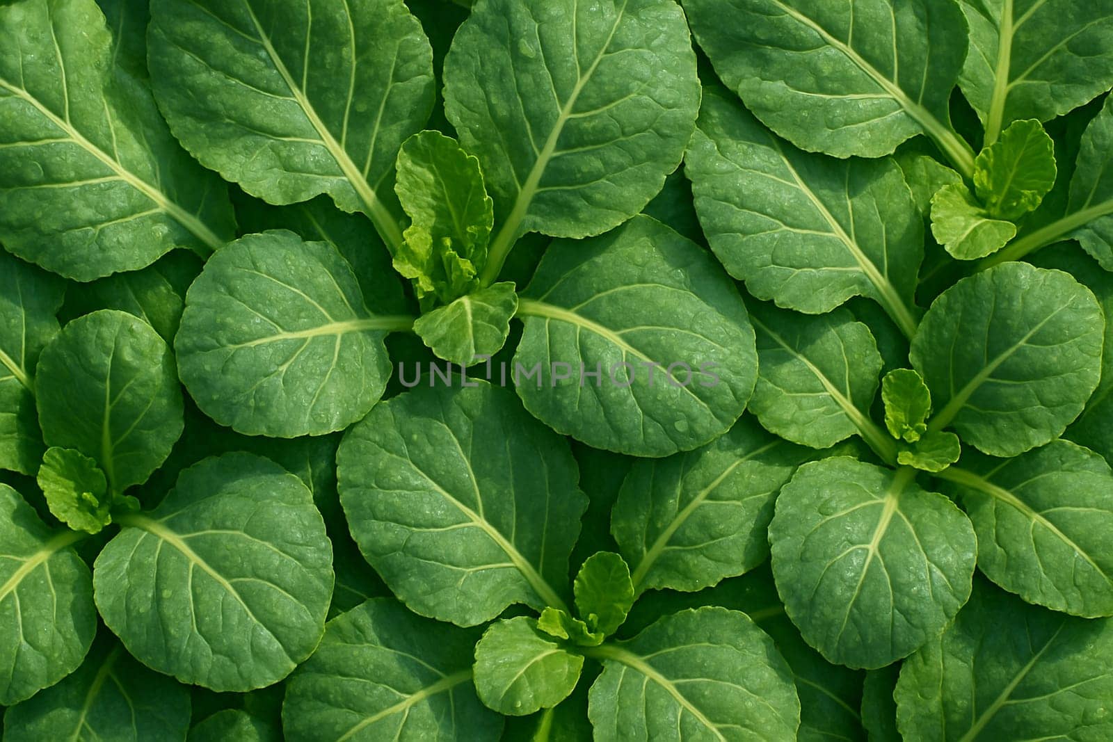 AI generated top view of vibrant fresh kale leaves covered in water droplets under daylight capturing crisp texture clean surface and organic food freshness