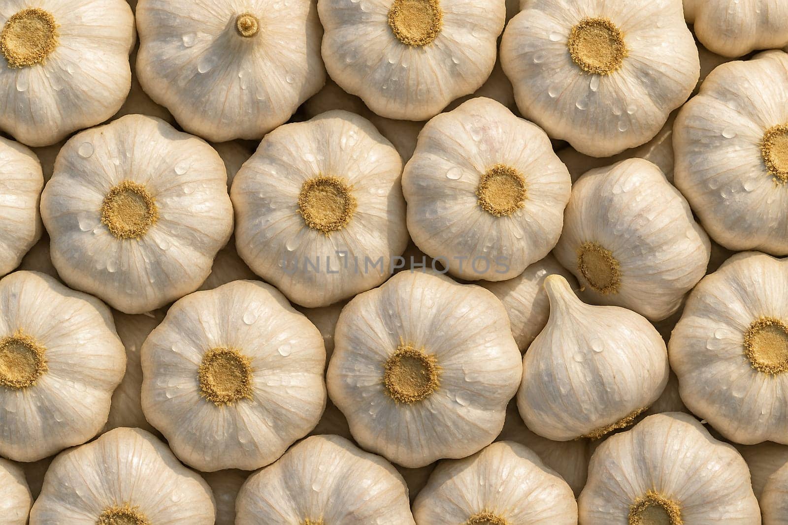 AI generated top view of fresh garlic bulbs with water droplets under daylight showing clean vibrant texture and natural appeal for culinary and organic concepts