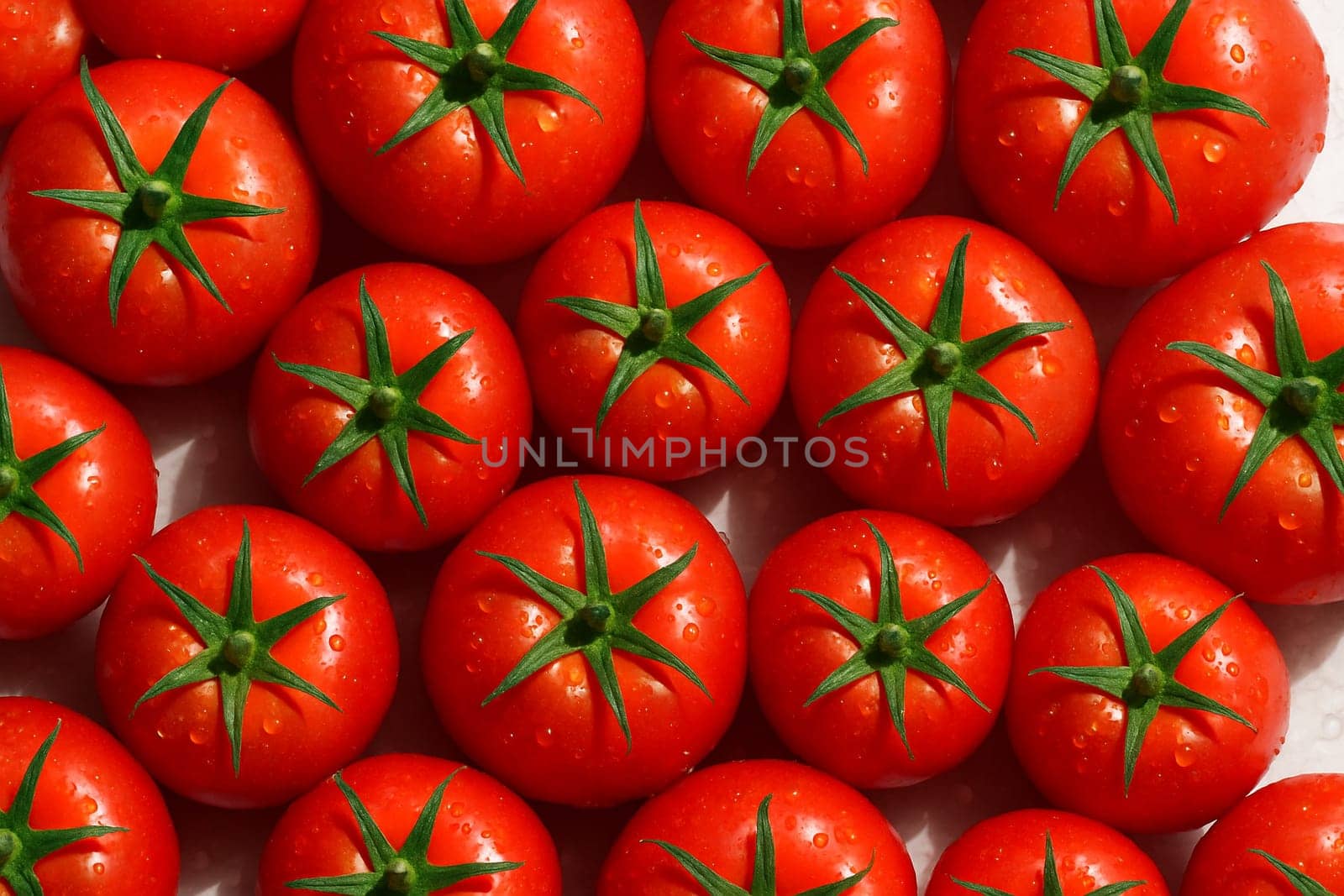 AI generated top view of vibrant tomatoes with water droplets in daylight clean shiny and fresh look ideal for food nutrition wellness and organic lifestyle themes