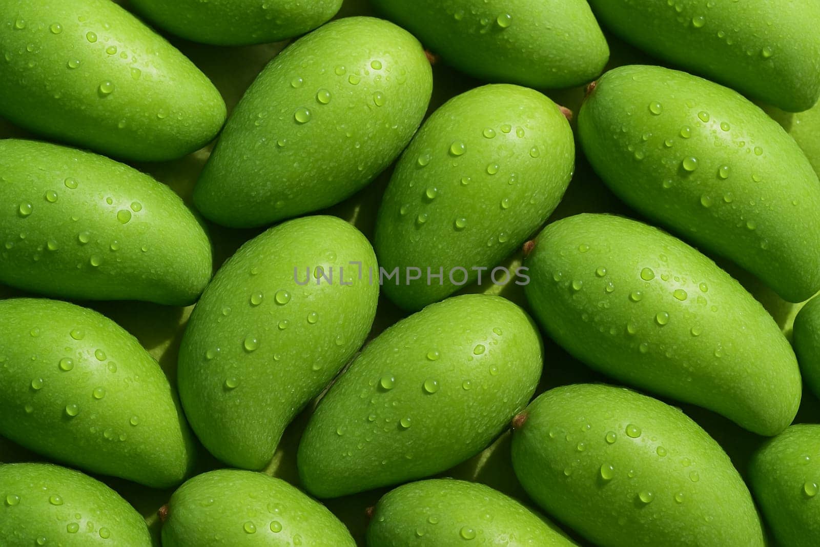 AI generated top view of vibrant green mangoes covered in water droplets under bright daylight showing freshness cleanliness and natural appeal
