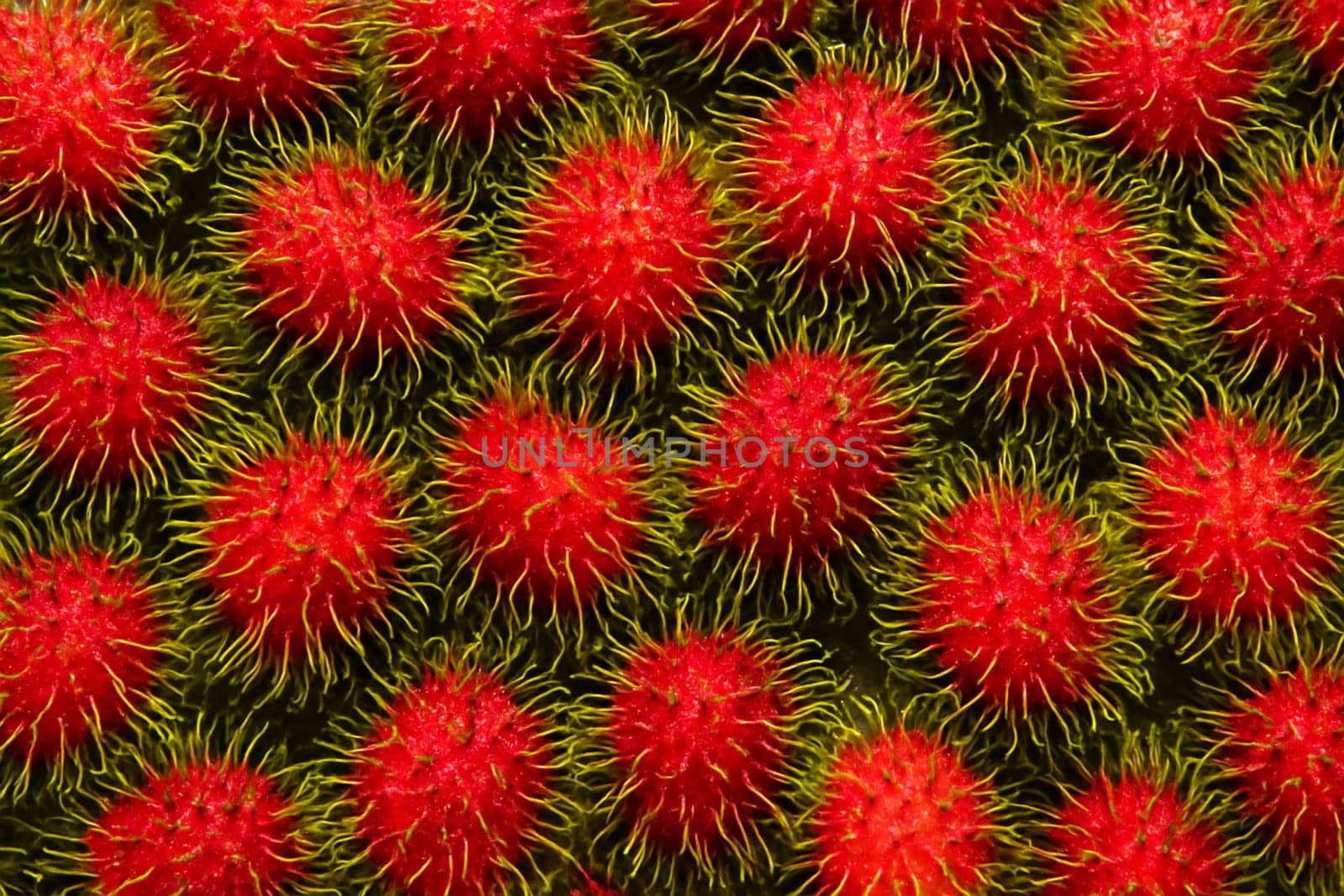 AI generated top view of fresh rambutans with water droplets under bright daylight showing vibrant color and clean texture perfect for tropical fruit and freshness concepts
