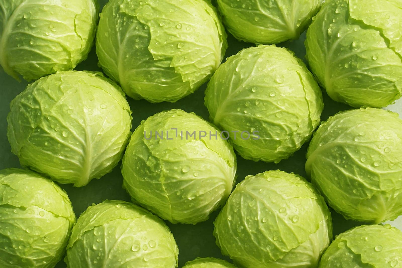 AI generated top view of fresh cabbage heads with dew drops in bright daylight clean vibrant and healthy feel perfect for food wellness and organic lifestyle concepts