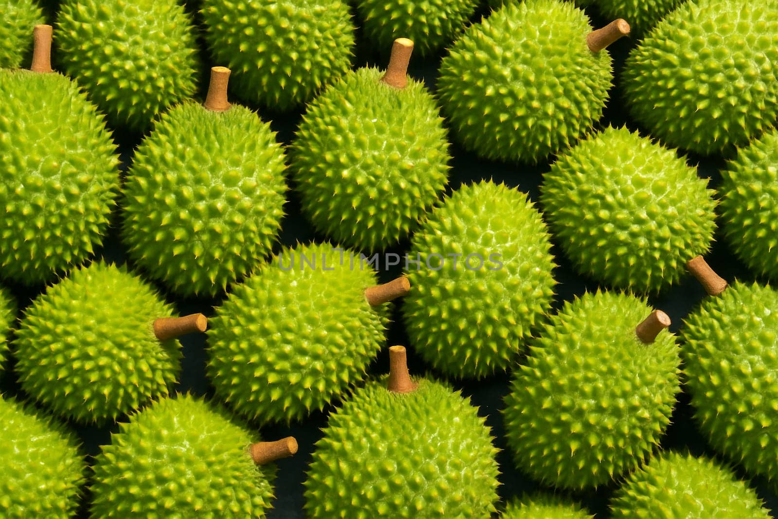 AI generated top view of fresh durians with water droplets under bright daylight showcasing vivid color and clean texture ideal for food market and freshness concept