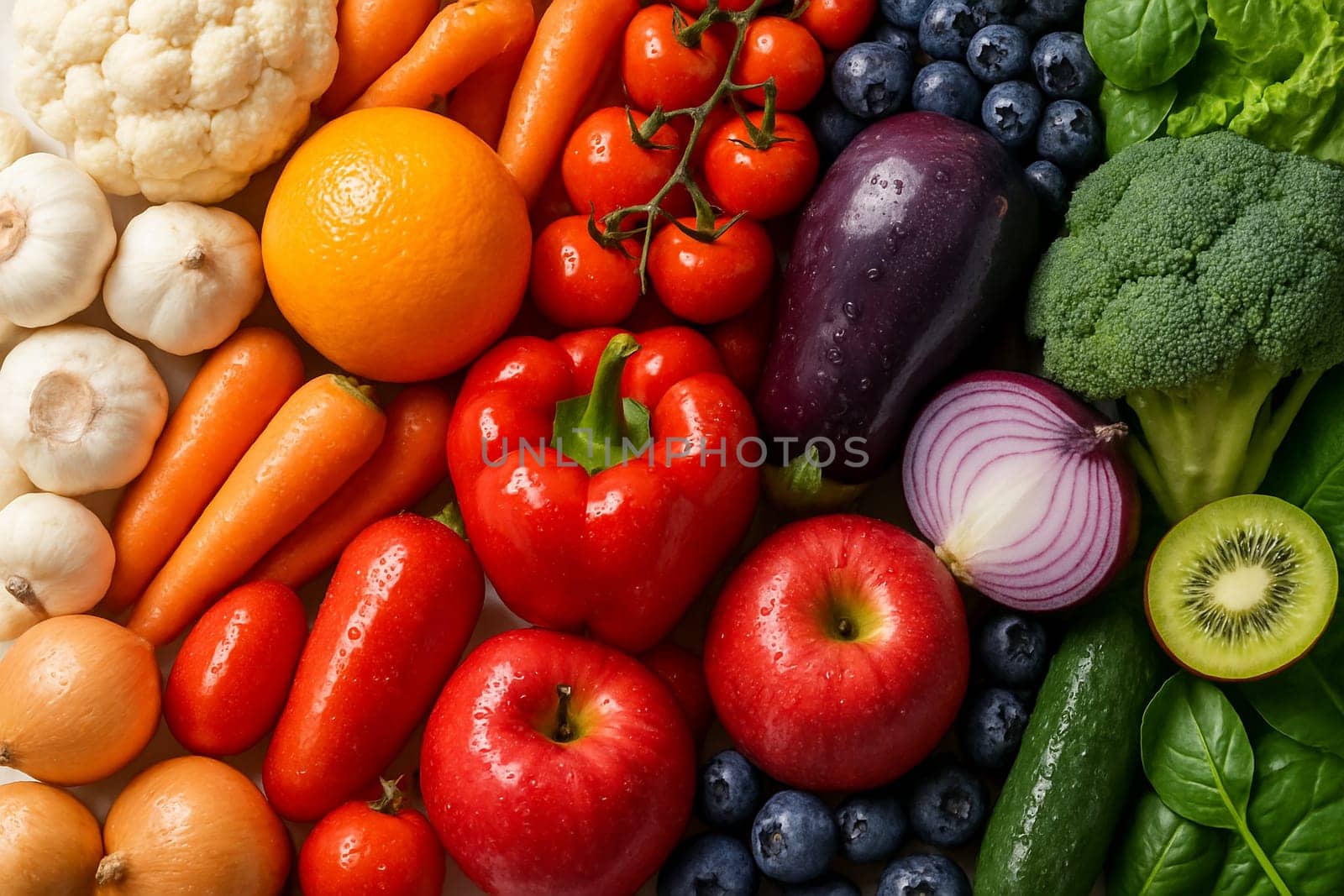 AI generated top view of five color groups of fresh fruits and vegetables with water droplets under daylight bright clean look