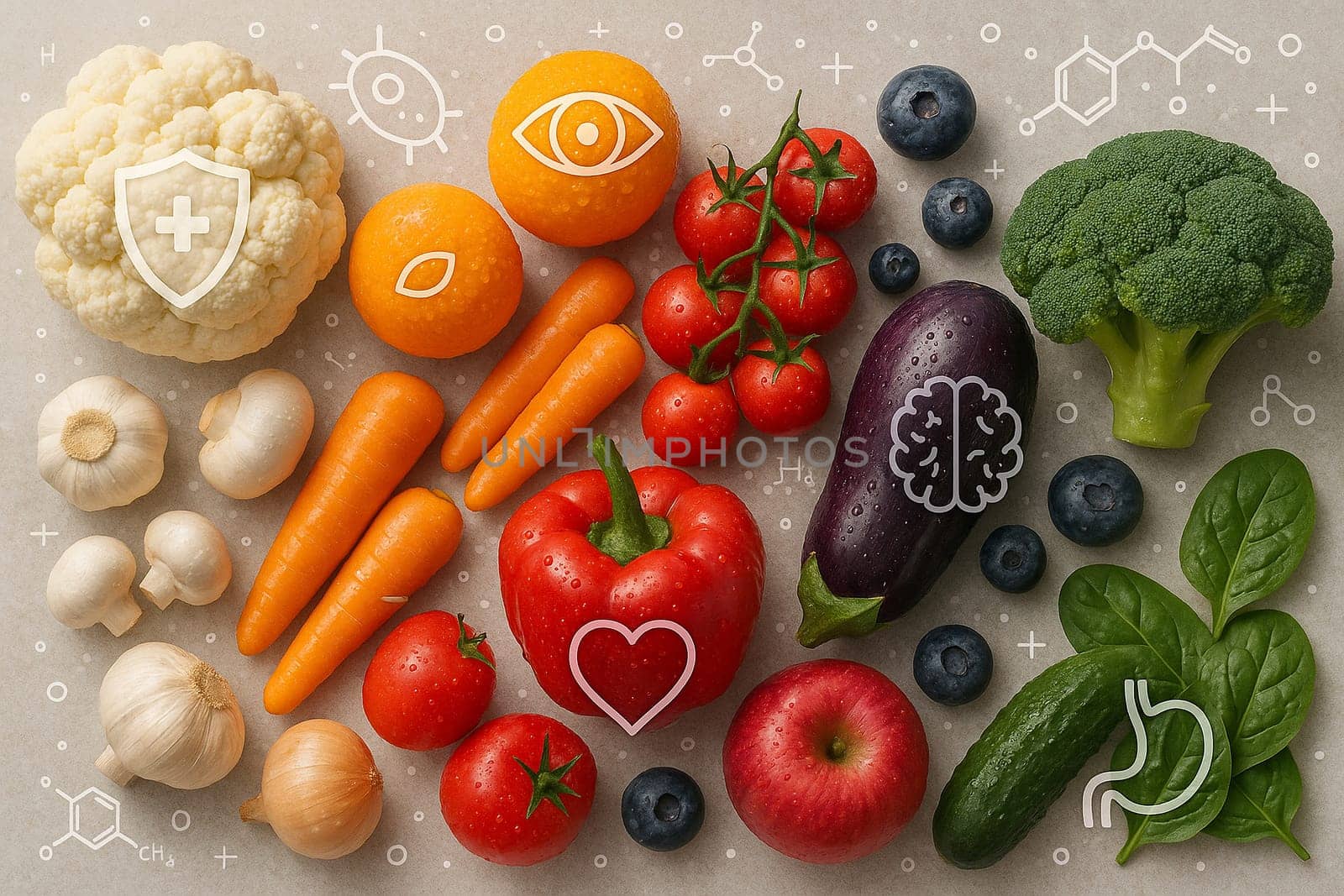 AI generated top view of colorful fruits and vegetables in five color groups with medical and science icons representing body systems and health benefits