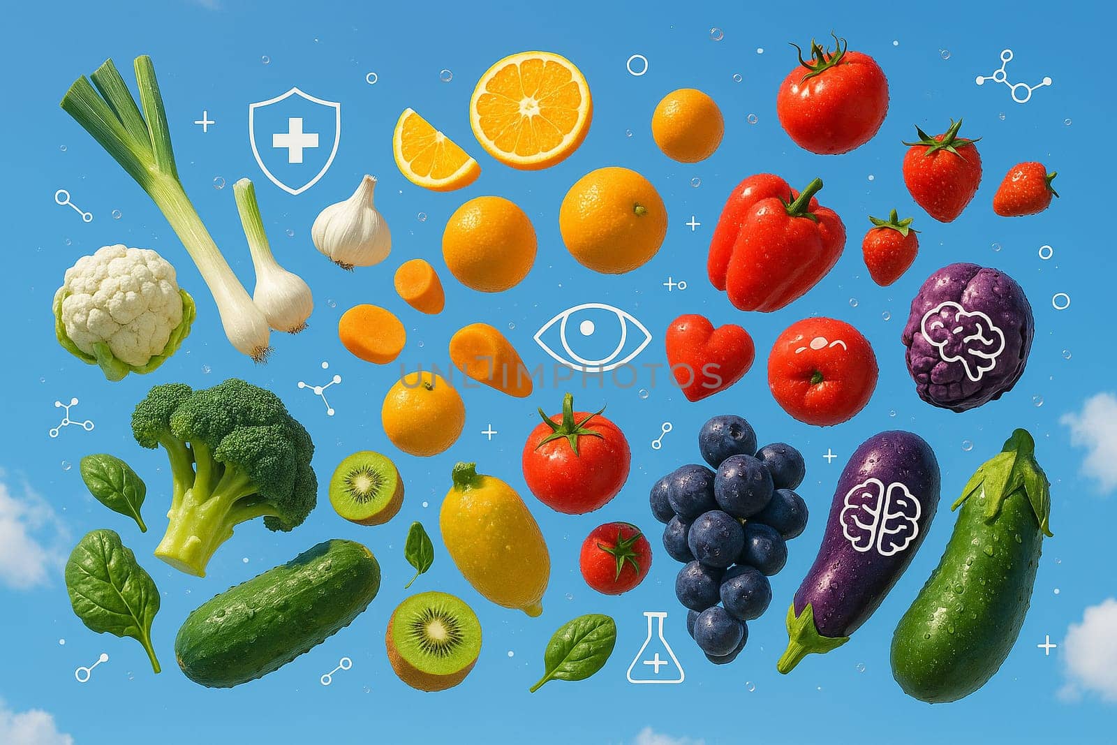 AI generated view of fruits and vegetables in five color groups floating in sky with water droplets and medical icons symbolizing health and wellness under bright daylight