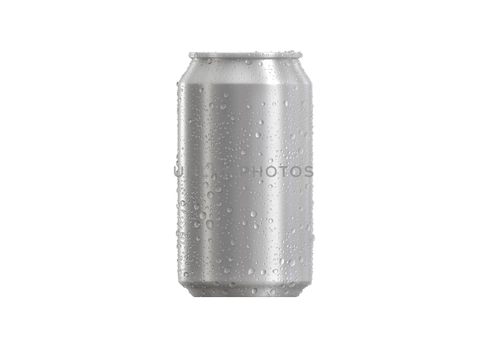 Aluminum soda can with water drops isolated on white background