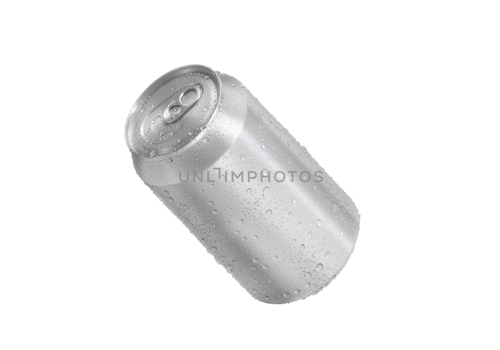 Aluminum soda can with water drops isolated on white background