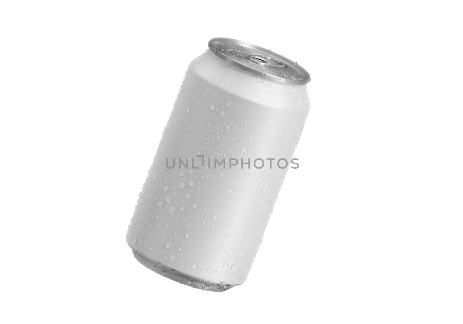 Aluminum soda can with water drops isolated on white background