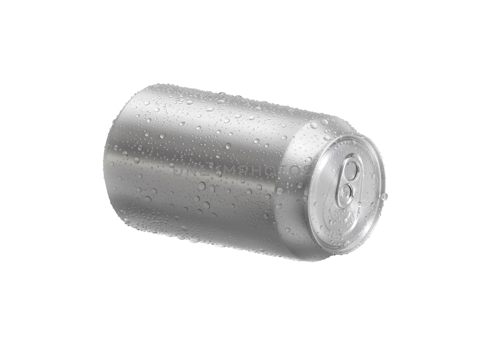 Aluminum soda can with water drops isolated on white background