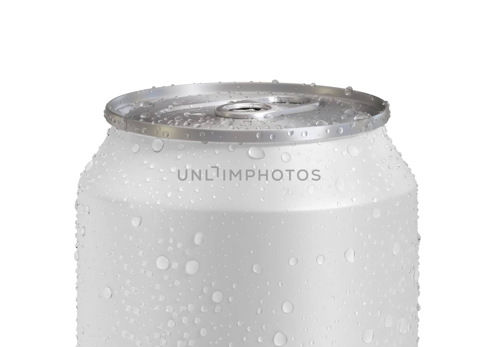 Aluminum soda can with water drops isolated on white background