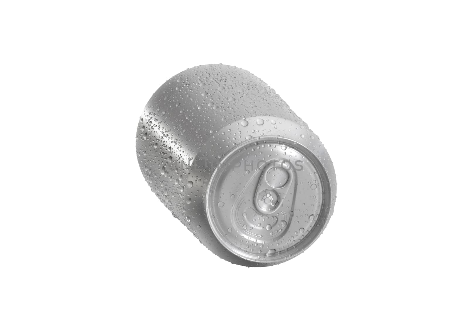 Aluminum soda can with water drops isolated on white background