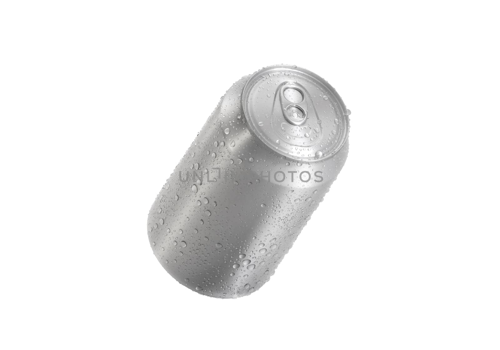 Aluminum soda can with water drops isolated on white background