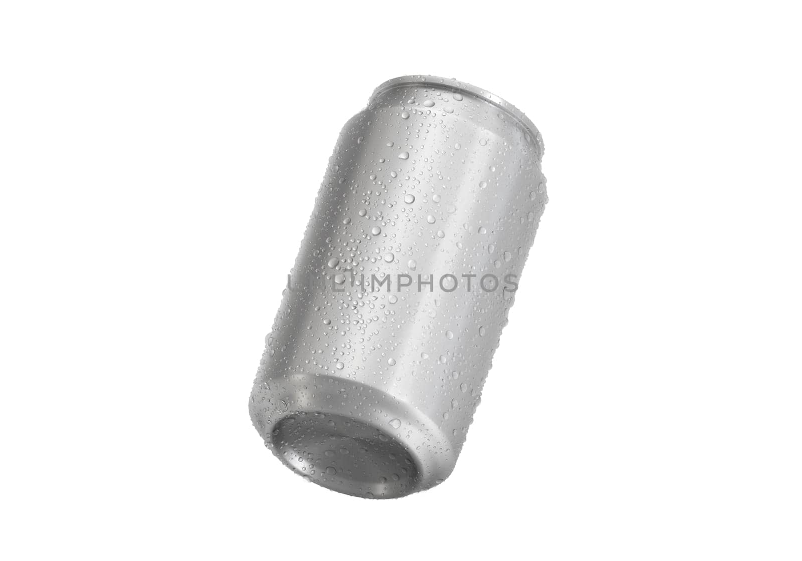 Aluminum soda can with water drops isolated on white background