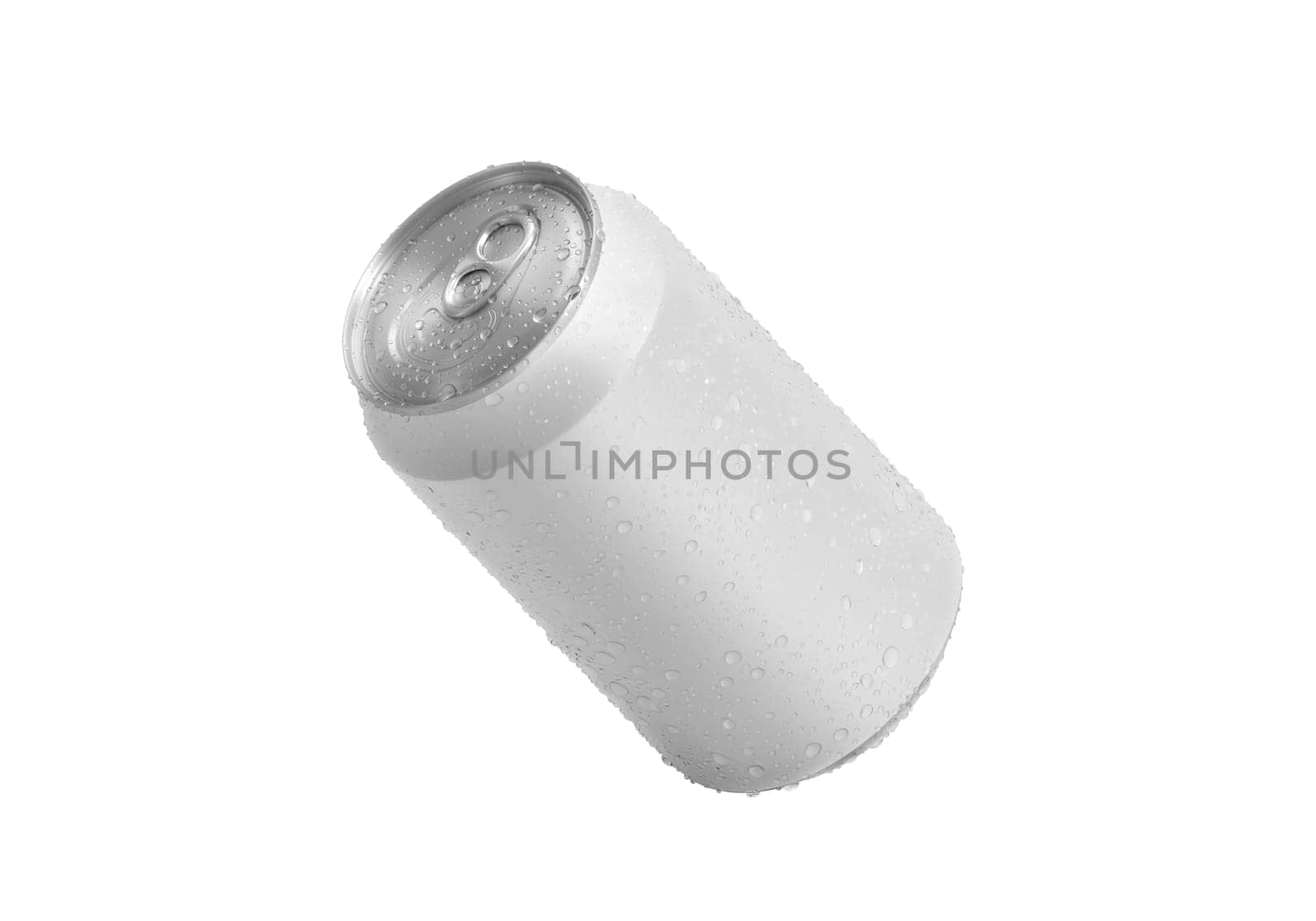 Aluminum soda can with water drops isolated on white background