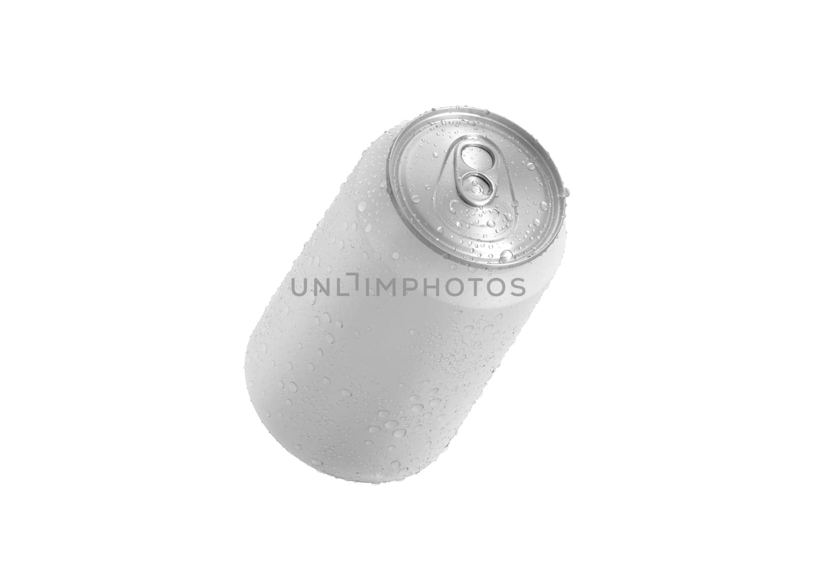 Aluminum soda can with water drops isolated on white background