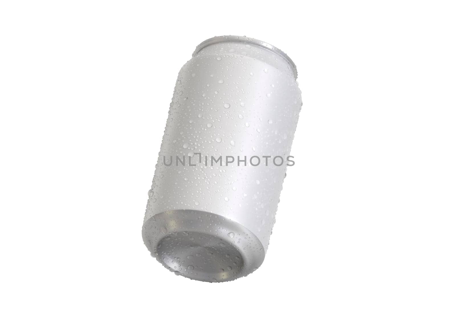 Aluminum soda can with water drops isolated on white background