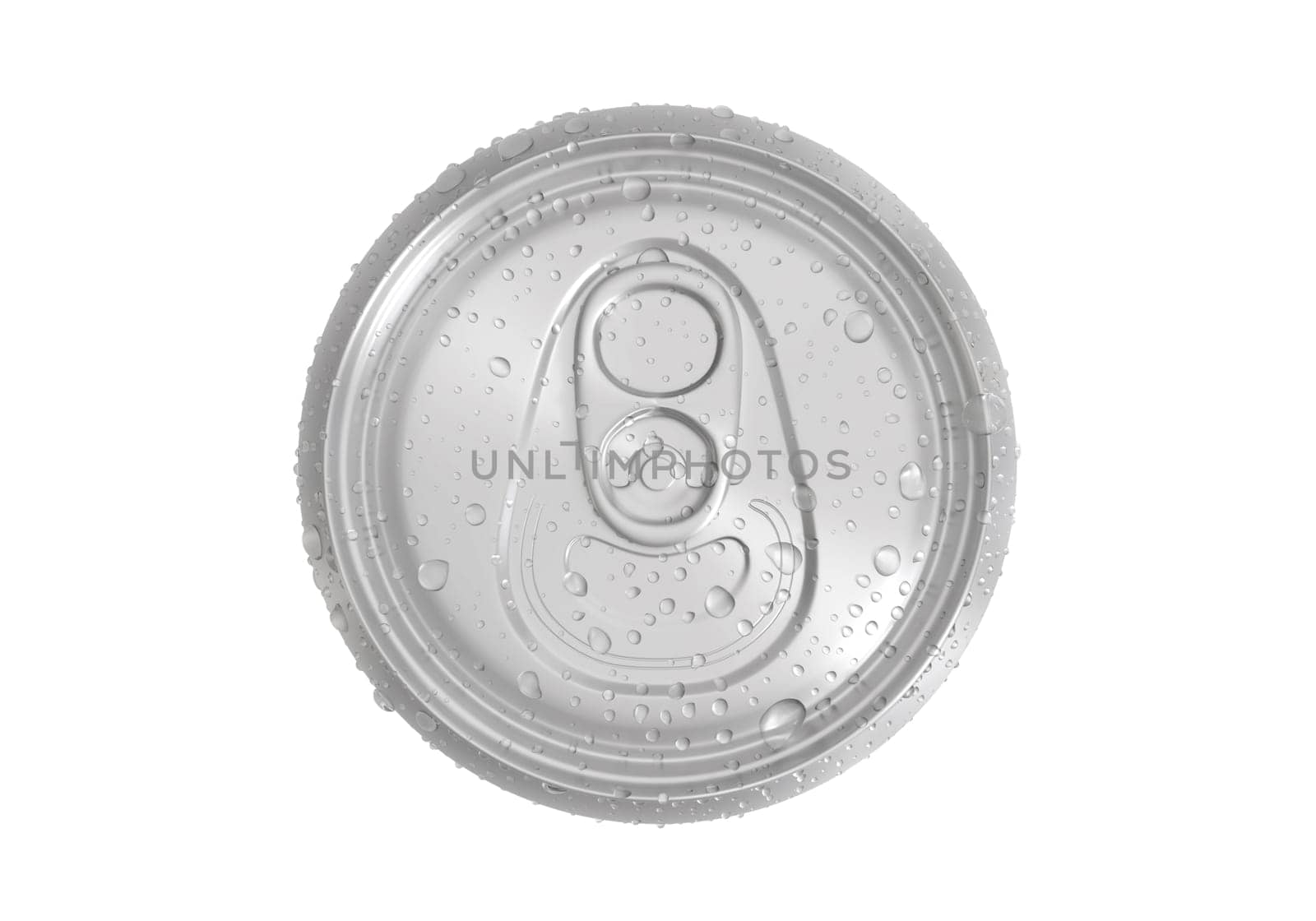 Top view. Aluminum soda can with water drops isolated on white background