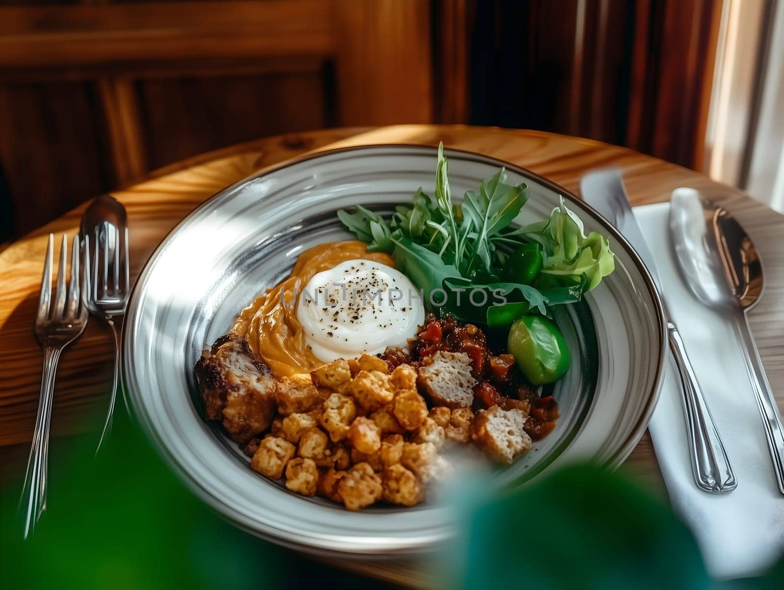 AI generated image of a gourmet dish with chickpeas, greens, and sauce served on a plate with cutlery. Warm natural lighting and rustic wooden table create a cozy and elegant food presentation.