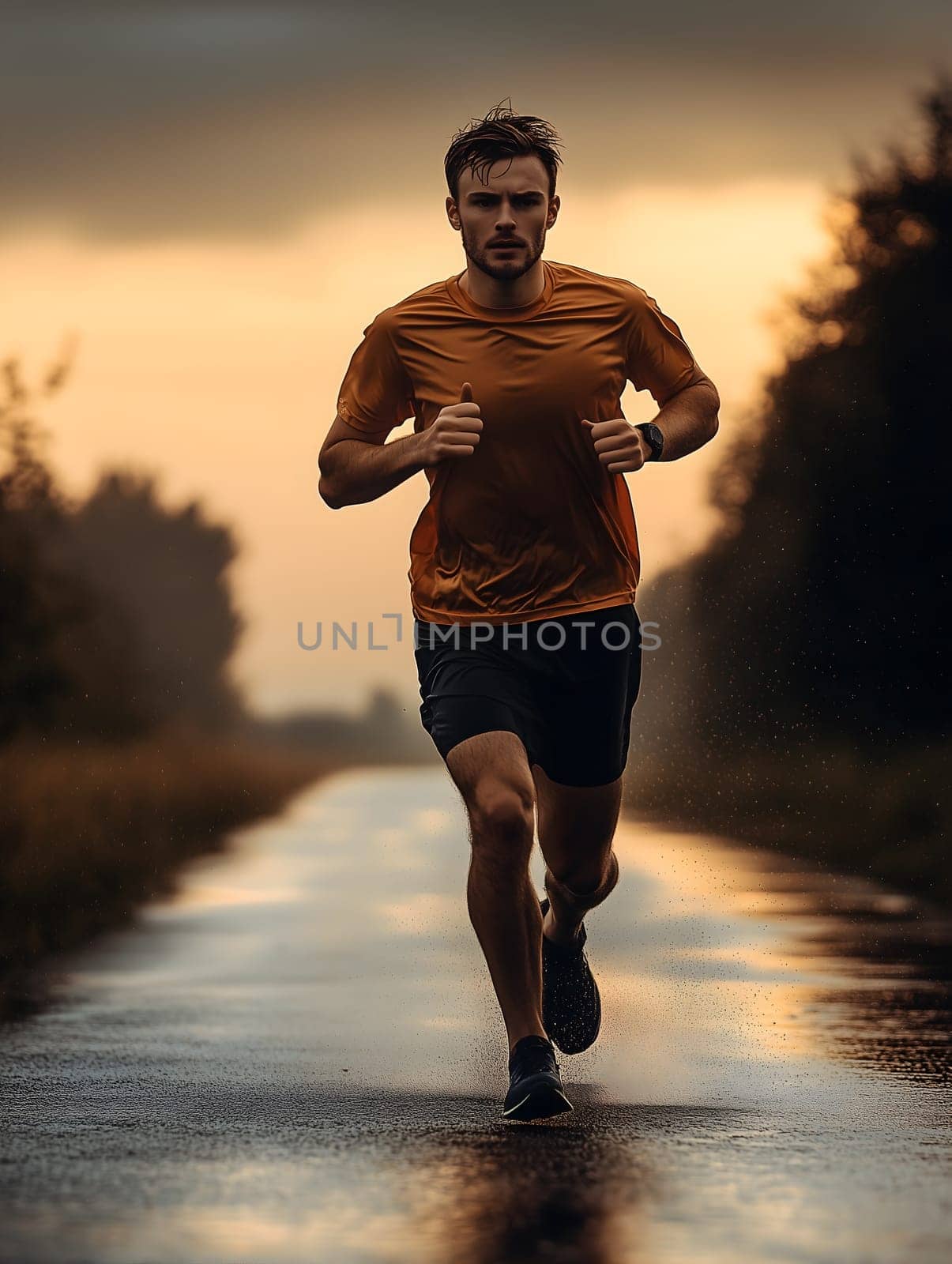 Vertical AI generated image of a man jogging on a wet road during sunset. Dramatic lighting and stormy sky create a powerful atmosphere of determination, fitness, and personal challenge.