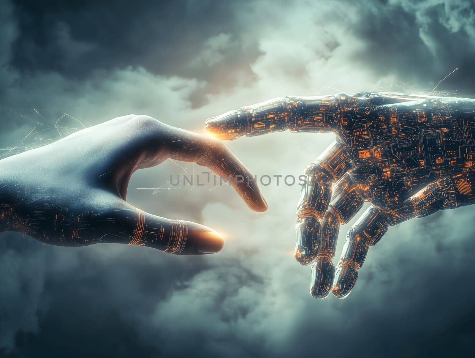 AI generated image of a human hand and a robotic hand reaching out, almost touching, set against a dramatic cloudy sky. Symbol of technology, connection, future, and human-machine interaction.
