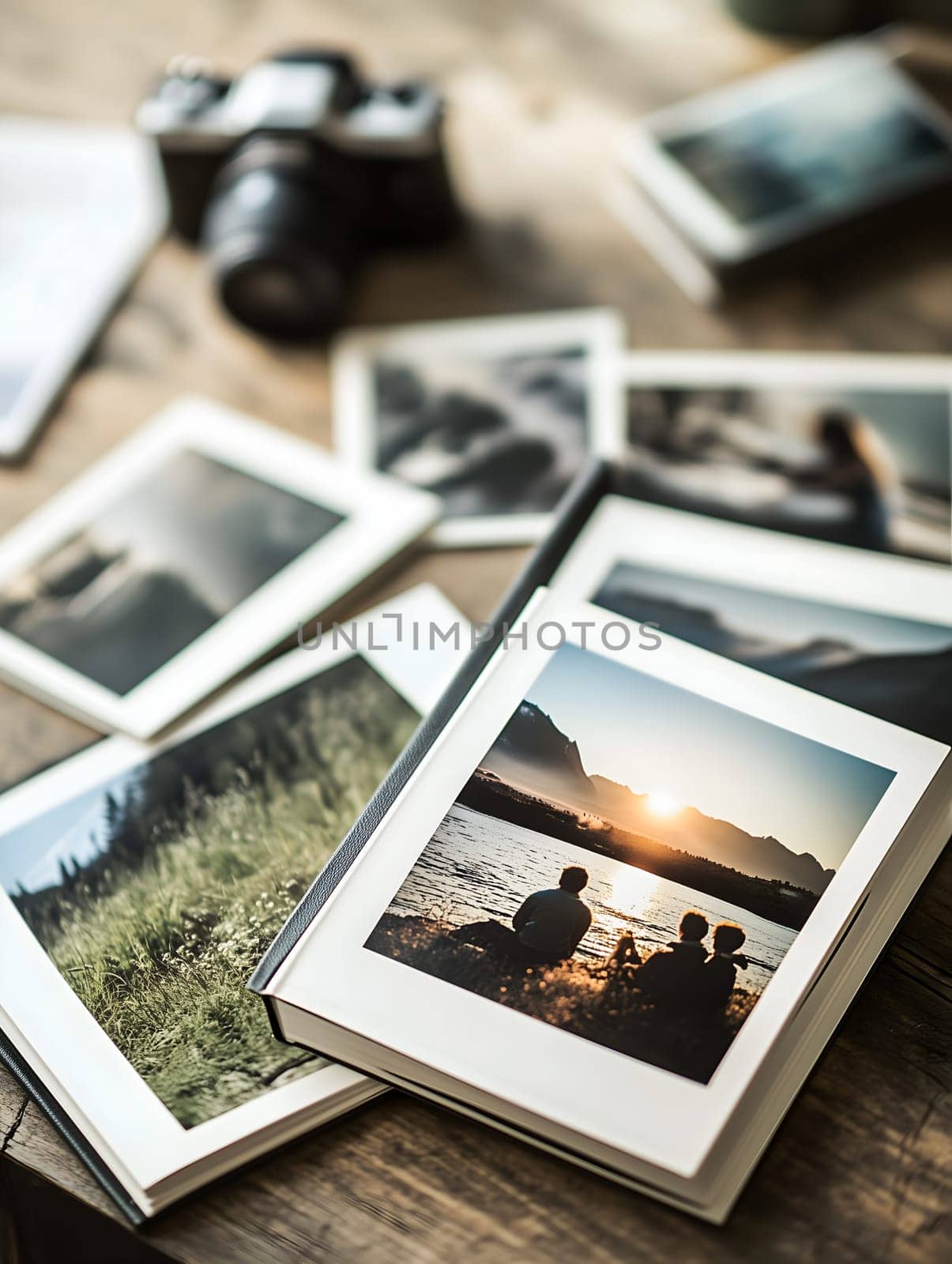 Vertical AI generated image showing a collection of printed travel photos scattered on a rustic wooden table next to a camera. Nostalgic and warm composition capturing memories and storytelling.