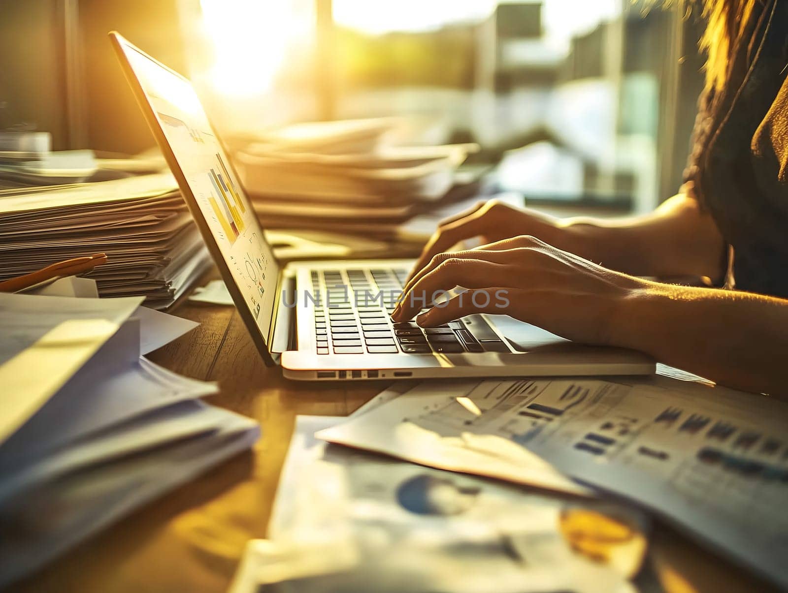 AI generated image of hands working on a laptop surrounded by documents and financial charts. Bright sunlight and warm tones create a productive atmosphere in a busy modern office setting.