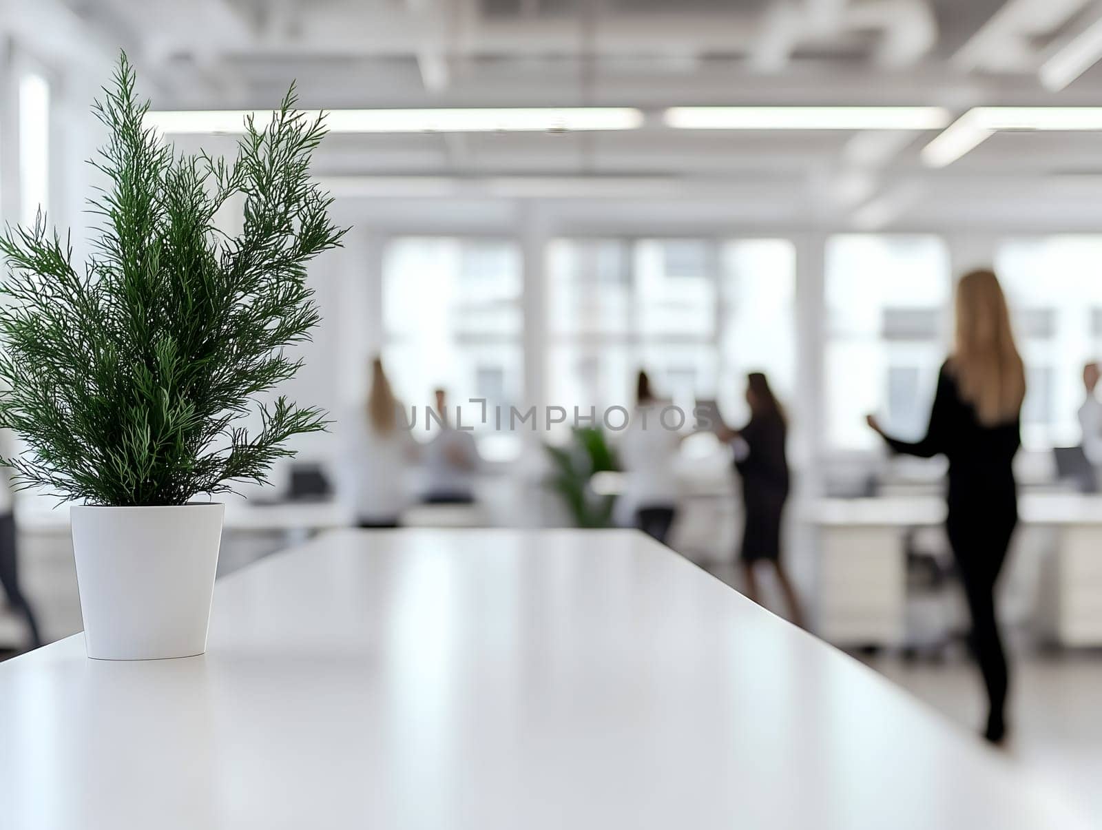 AI generated image of a potted plant on a white desk in a bright, modern open-plan office. Background features blurred business professionals, conveying a clean and professional work environment.