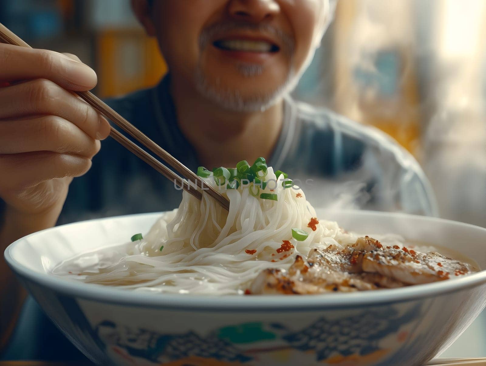 AI generated image of a smiling man enjoying a bowl of hot noodle soup with chopsticks. Warm and appetizing close-up of Asian cuisine highlighting culture, comfort, and flavor.