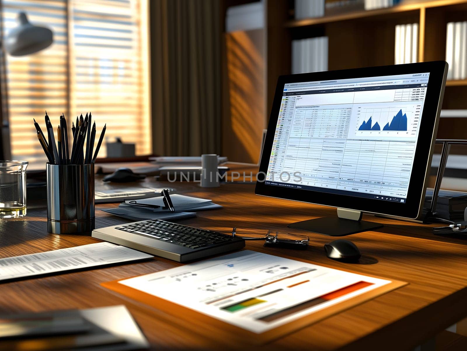 AI generated image of a modern office desk with a desktop computer showing financial charts, reports, and spreadsheets. Professional atmosphere with natural light and organized workspace details.