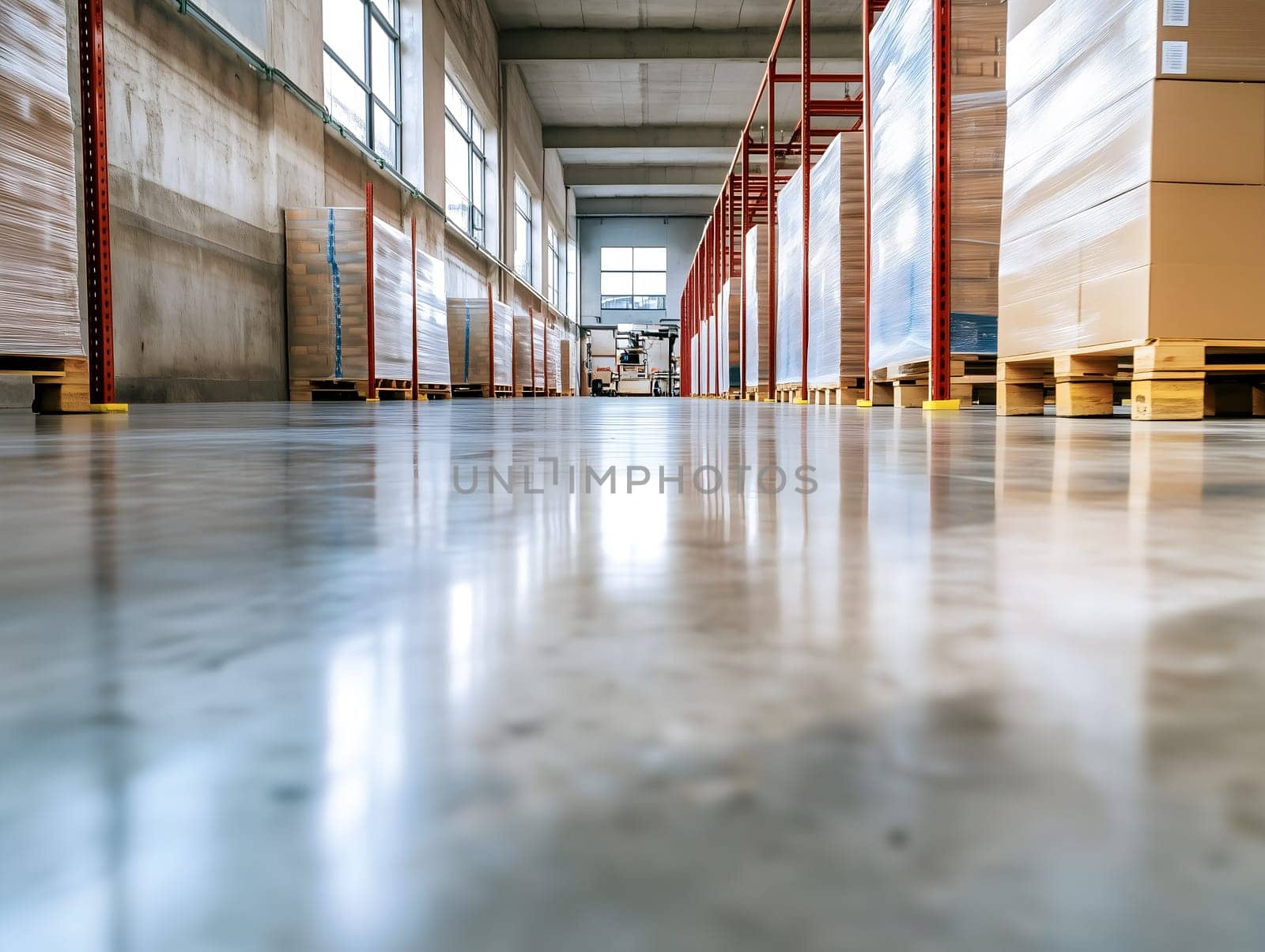 AI generated image of a spacious industrial warehouse with tall racks and large boxes. Clean polished floor and daylight from windows emphasize organization, storage, and logistics infrastructure.