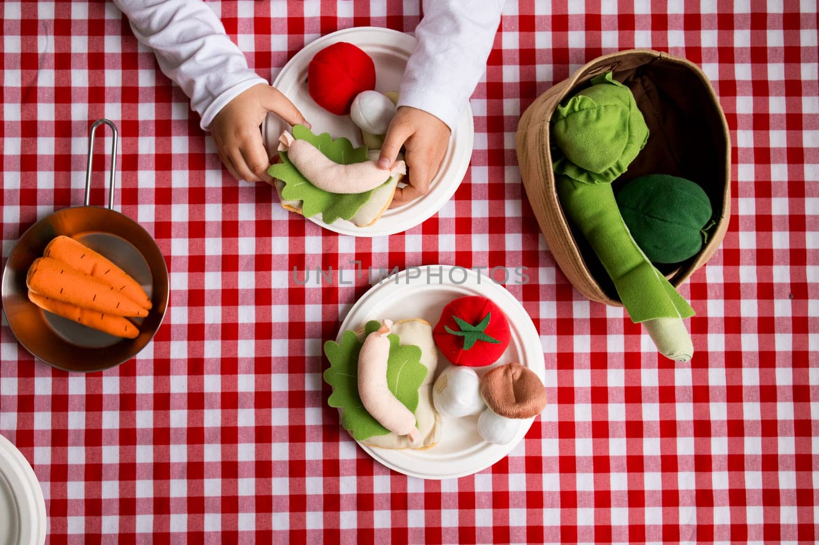 Child hands with felt vegetables on checkered tablecloth.