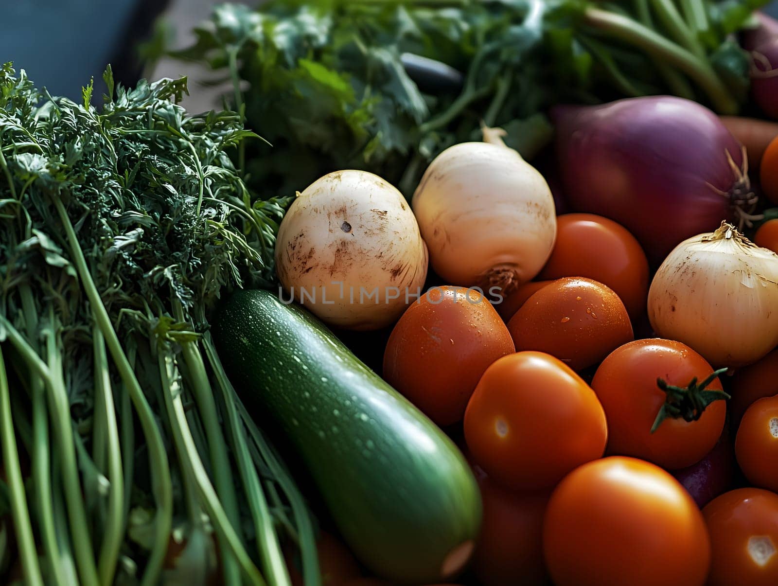 AI generated image showing a colorful assortment of fresh vegetables like tomatoes, onions, zucchini, and leafy greens. Healthy, organic produce concept perfect for cooking, nutrition, or farming.