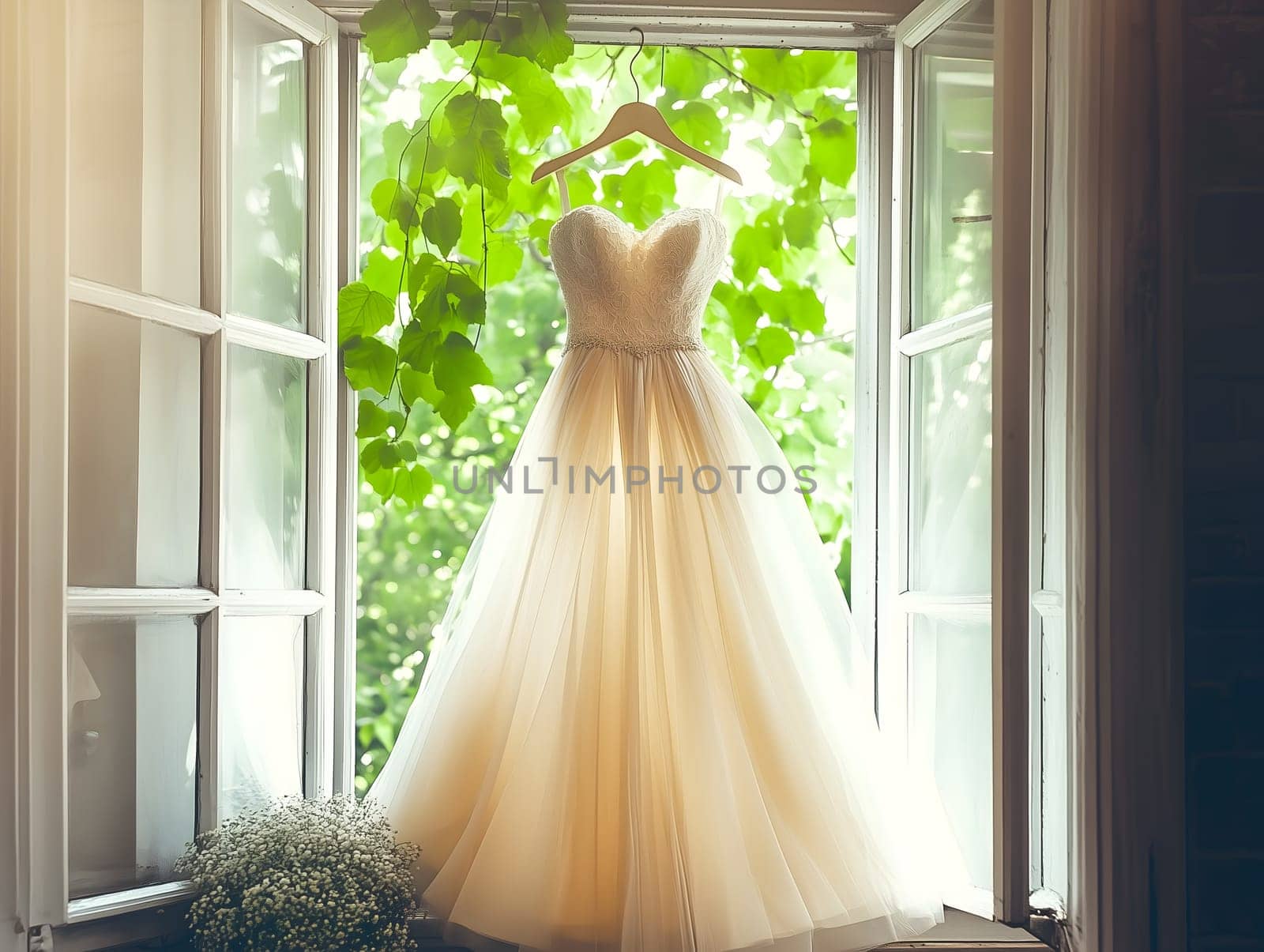 AI generated image of a delicate bridal gown hanging from a window frame with soft natural light and lush green leaves outside. Romantic and serene scene perfect for weddings, fashion, or lifestyle.