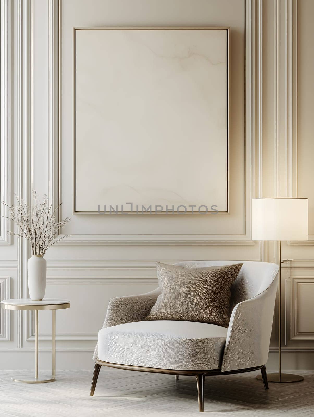 Vertical AI generated image of a cozy modern armchair with neutral tones, next to a lamp and side table, under a blank frame. Minimalist interior design with calm, warm, and sophisticated atmosphere.