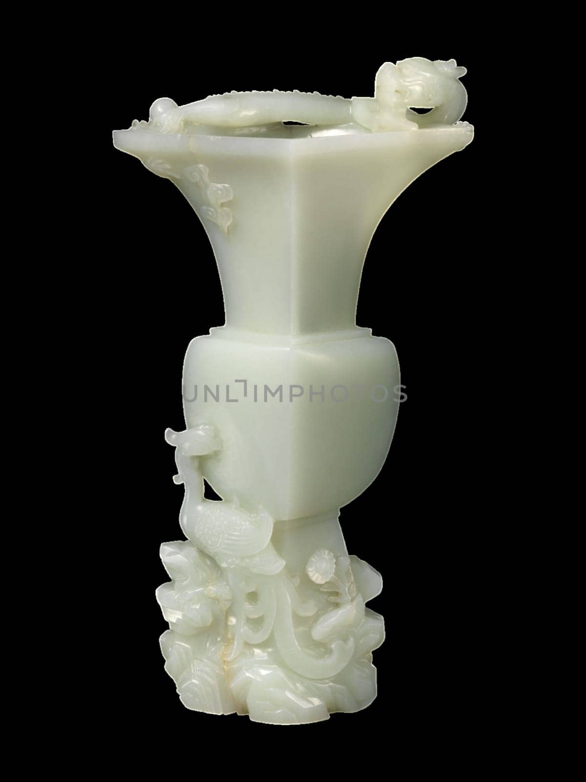 Elegant 18th-19th century Chinese vase carved from pale jade, featuring a dragon and phoenix. Intricate details, symbolic of harmony and auspiciousness.