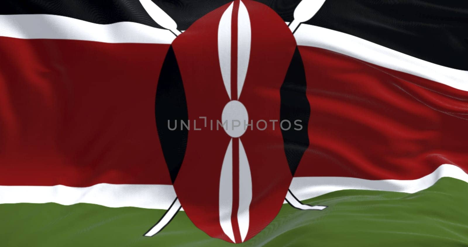 Close-up of Kenya national flag waving. Black, red, and green bands separated by white lines, with a black Masai shield on two spears in the center. 3d illustration render. Fluttering fabric