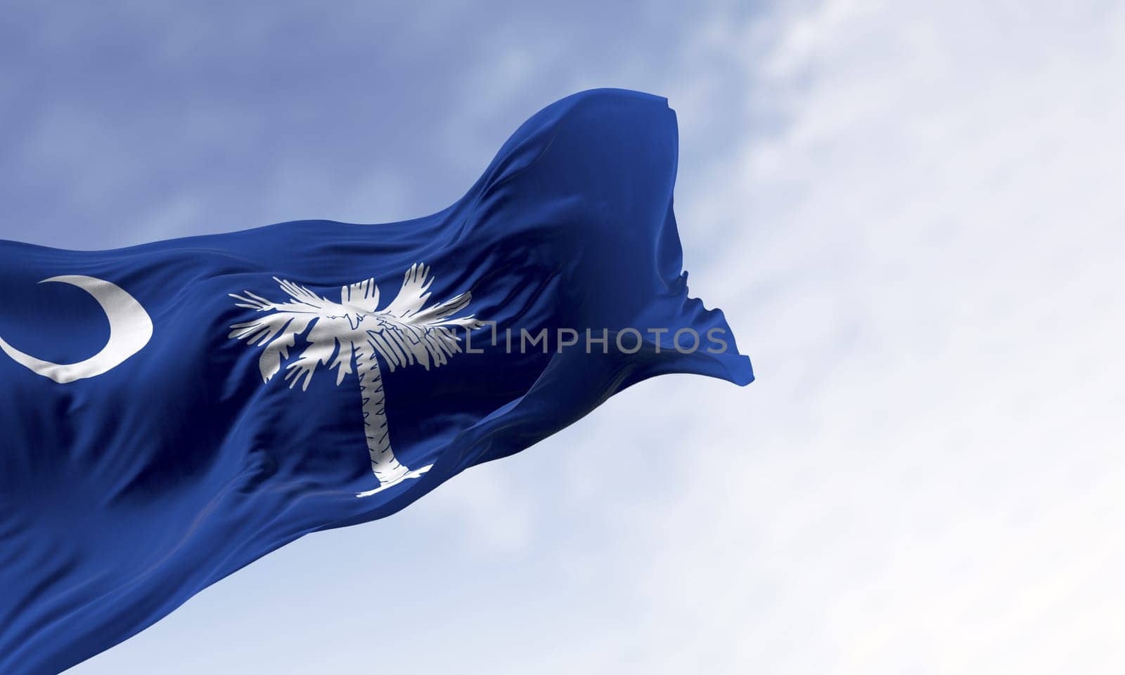 South Carolina state flag waving in the wind. Blue field with white palmetto tree and crescent. US state. Rippled fabric. 3d illustration render. Rippling fabric