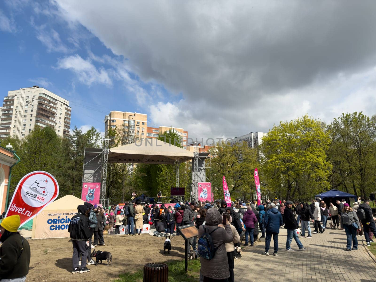 Moscow, Russia, April 27, 2025: Large crowd of people and their French bulldogs gather in Vorontsovsky Park during themed festival with sponsor tents, stage and colorful banners