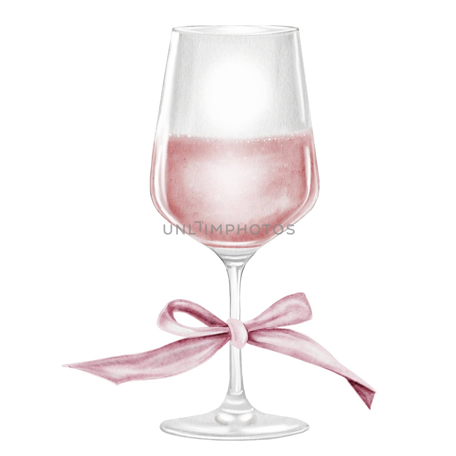 Glass of wine watercolor illustration. Drink alcoholic pink sparkling with a bow on the stem. Clip art drinks. Wine shop booklets. Ideal for restaurant menus, posters and advertising signs. High quality illustration