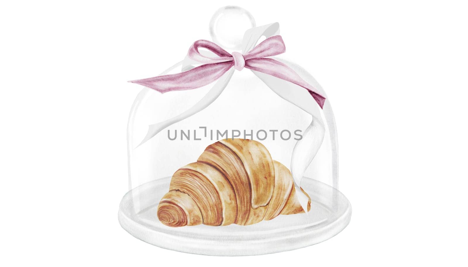 Croissant and cloche watercolor illustration. Hand drawn fresh french bun in a glass dome with a bow. Food clip art. Ideal for bakery prints, postcards and pastry shop posters. High quality illustration