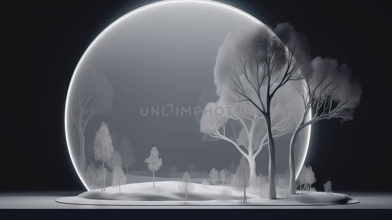Interior with circular architecture form in 3D style. Abstract room with arc element and trees. Generated AI